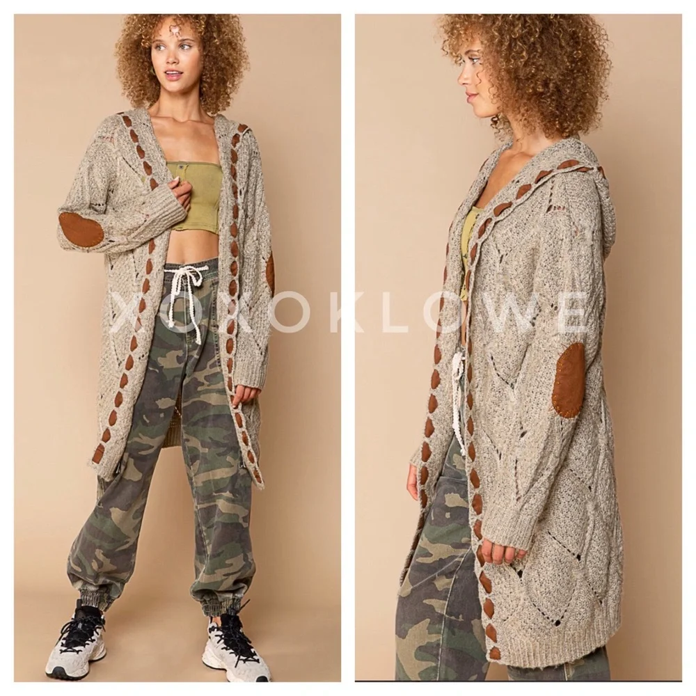 1 L POL Hooded Cardigan Open Front Diamond Weave Faux Suede Detail - Picture 3 of 13